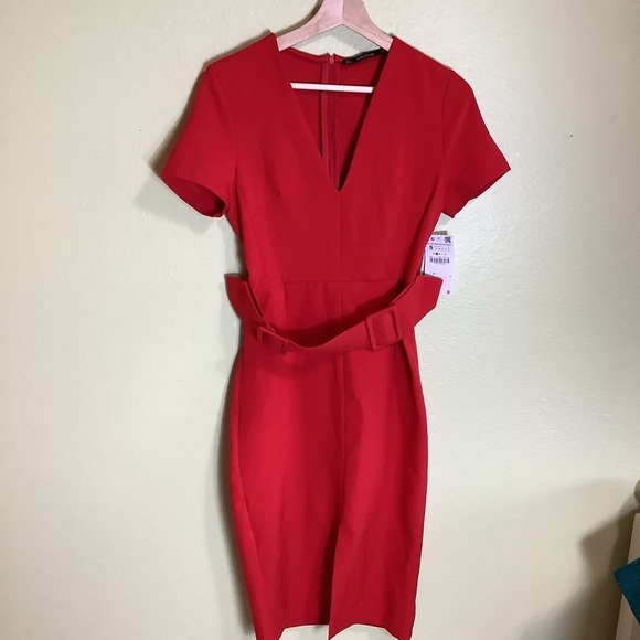Zara Basics Red Belted Dress Size Small - Picture 2 of 13